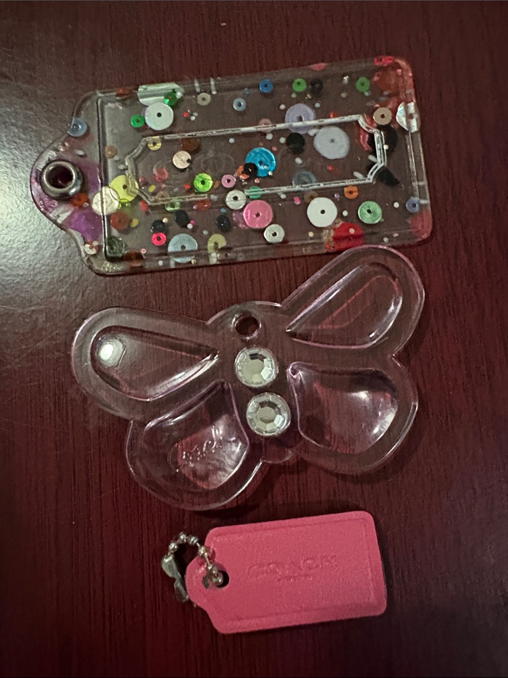 Coach Pink Leather Tag or Clear Butterfly or  Confetti Charms